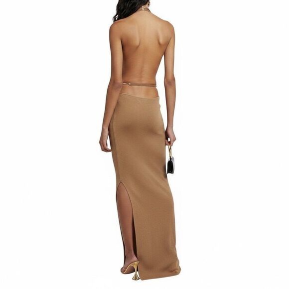 New Aya Muse Edo Halterneck Draped Maxi Dress XS Light Tan Brown - Picture 3 of 9